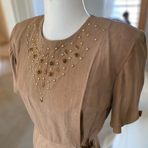 Vintage 80's Metal Beaded Studded Wrap Skirt Tulip Hem Tan Dress NWT size 11/12 - Picture 5 of 11